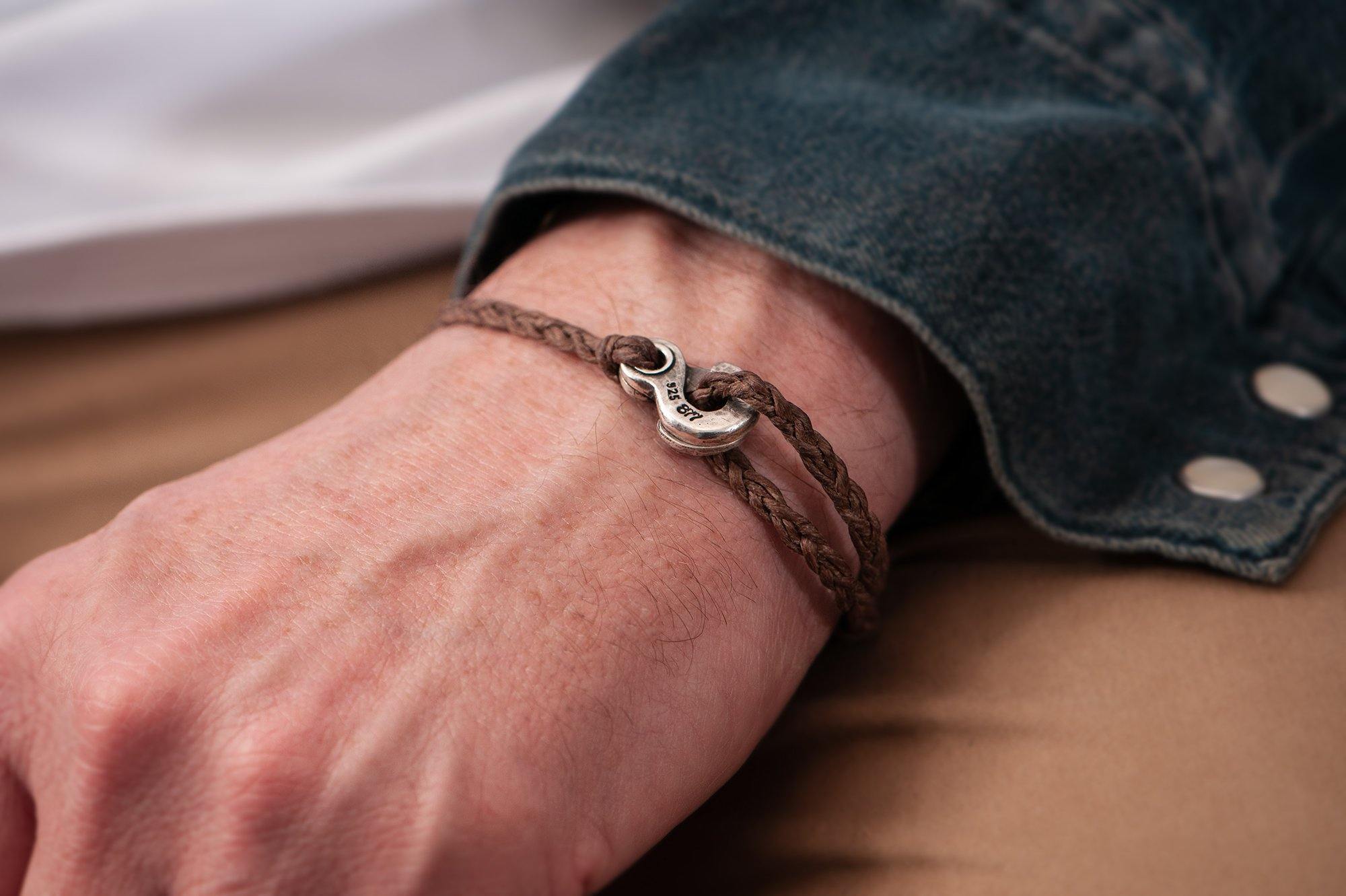 127 - Men's bracelet Canvas Sterling Silver Double Hook brown– 877 Workshop