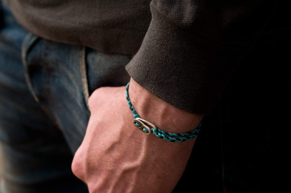 115 - Men's bracelet Canvas Sterling Silver toggle turquoise black